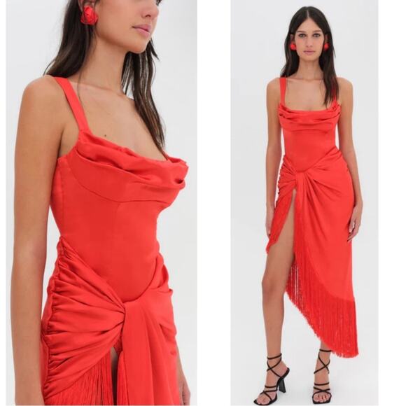 For Love & Lemons Anisa Silk Fringe Ruched Draped Red Midi Dress Size Large - Picture 4 of 12